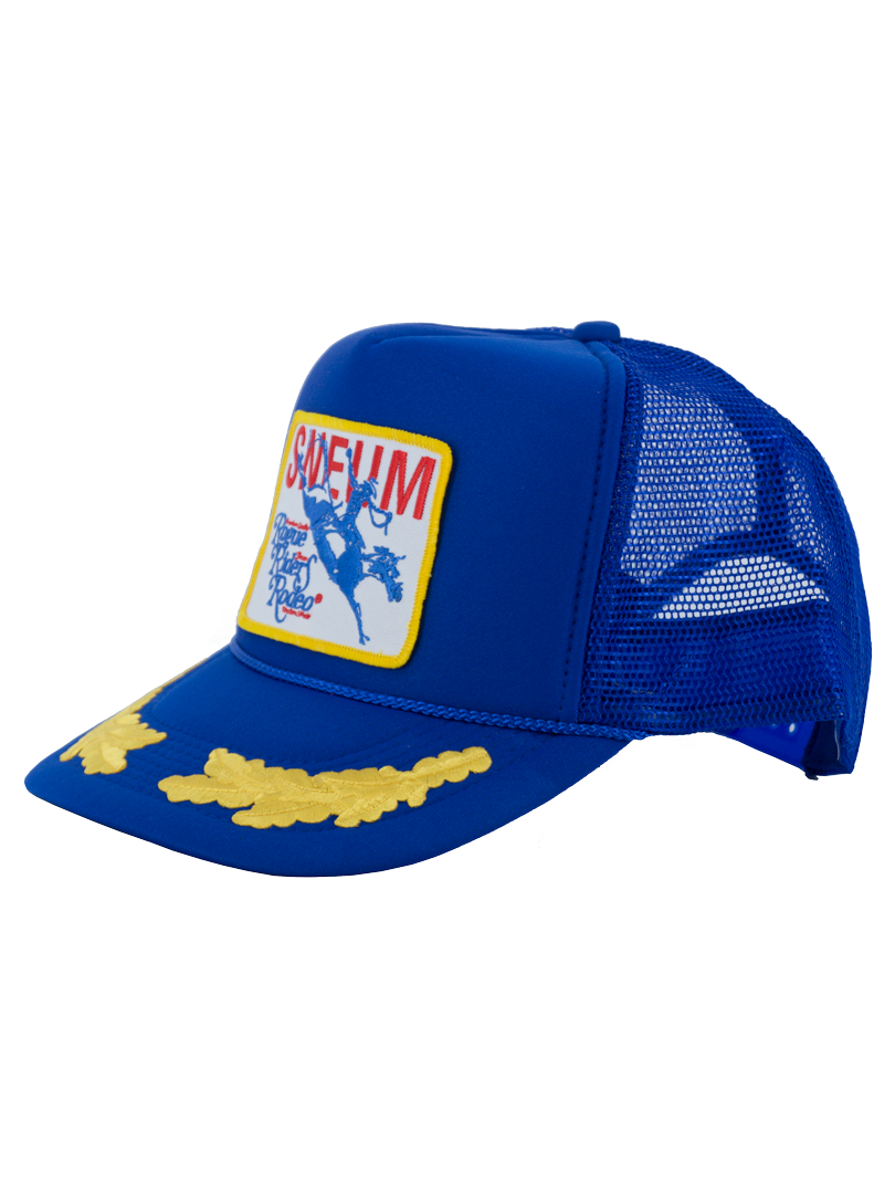 SNEUM RRR Logo Trucker Cap W. Gold Leaves In Royal Blue Online salg