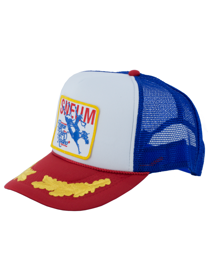 SNEUM RRR Logo Trucker Cap W. Gold Leaves In Royal Blue Red And White