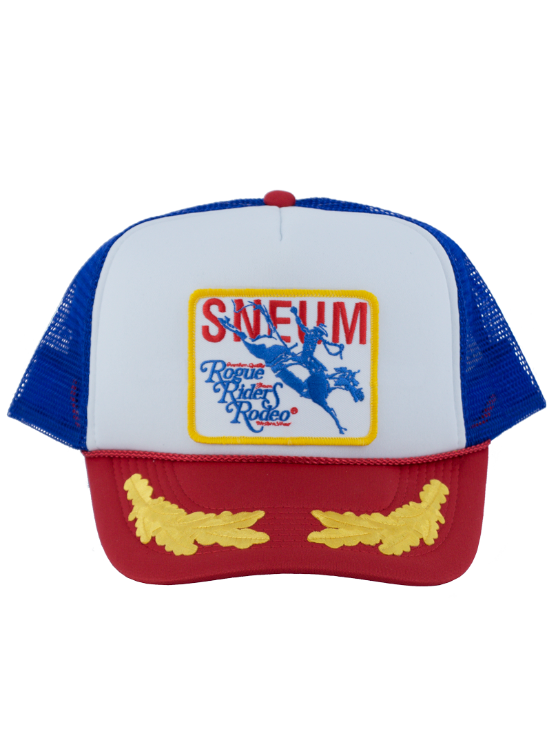 SNEUM RRR Logo Trucker Cap W. Gold Leaves In Royal Blue Red And White