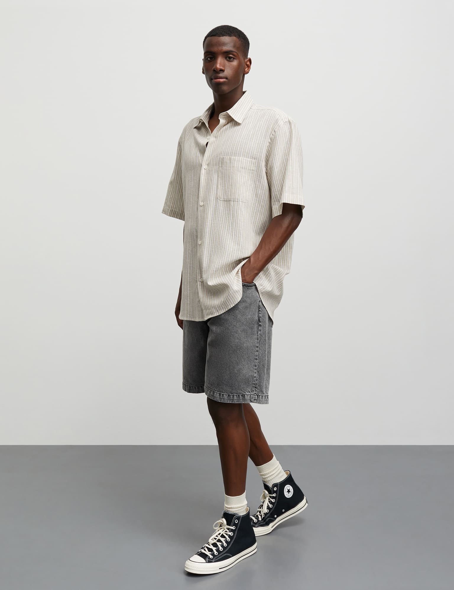 Cotton Linen Victor Stripe Shirt SS, Trench Coat/White Hot på udsalg