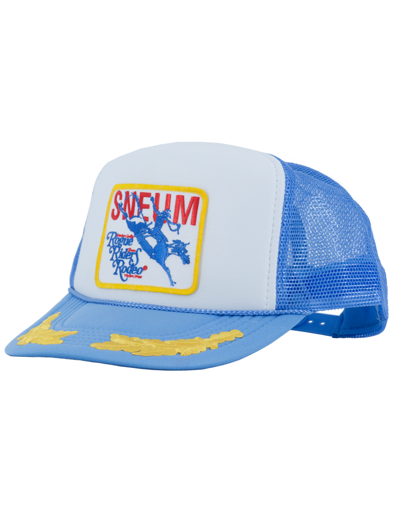 SNEUM RRR Logo Trucker Cap W. Gold Leaves In Columbia Blue And White