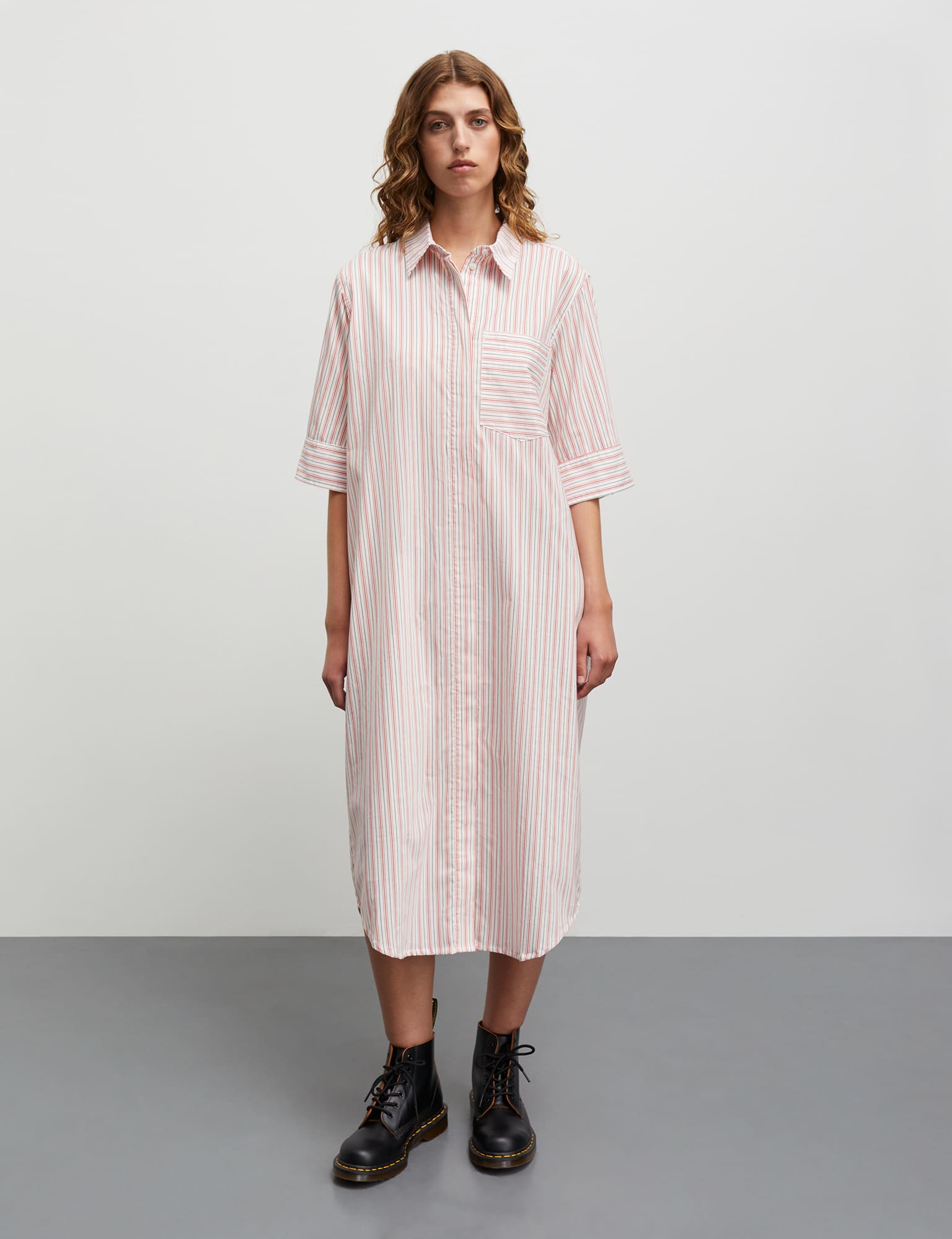 Poplinda Nancy Dress, Pinstripe/Fiery Red Levere